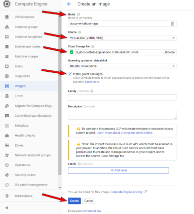 Create an image wizard with the name, source, cloud storage file path, Operating system on Virtual Disk option, and Install gues packages option highlighted. 